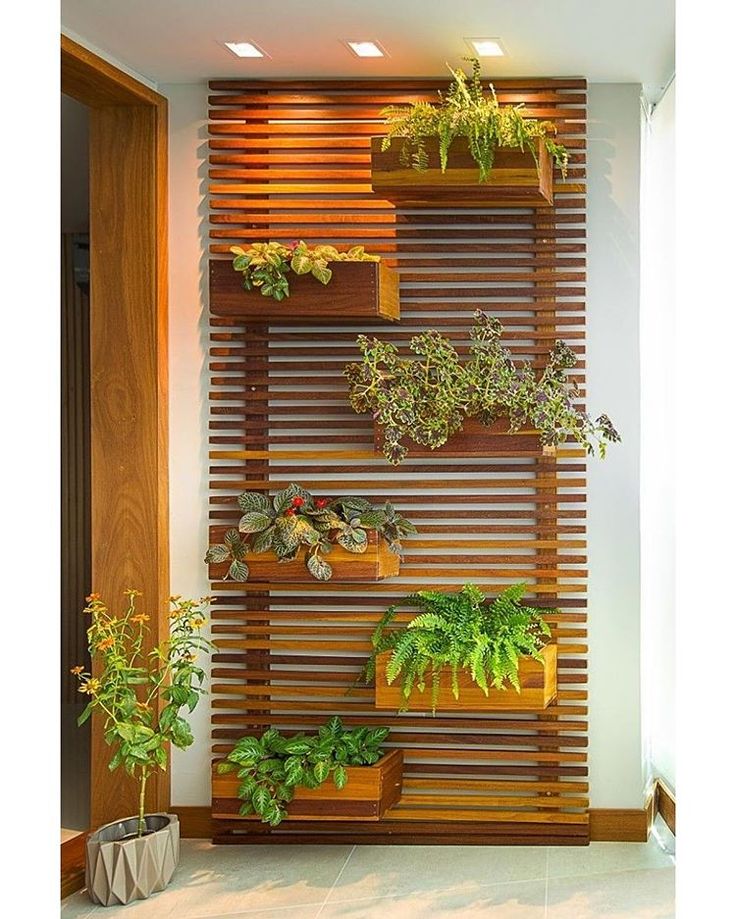 Jardim vertical moderno com painel ripado de madeira e plantas naturais variadas em vasos retangulares