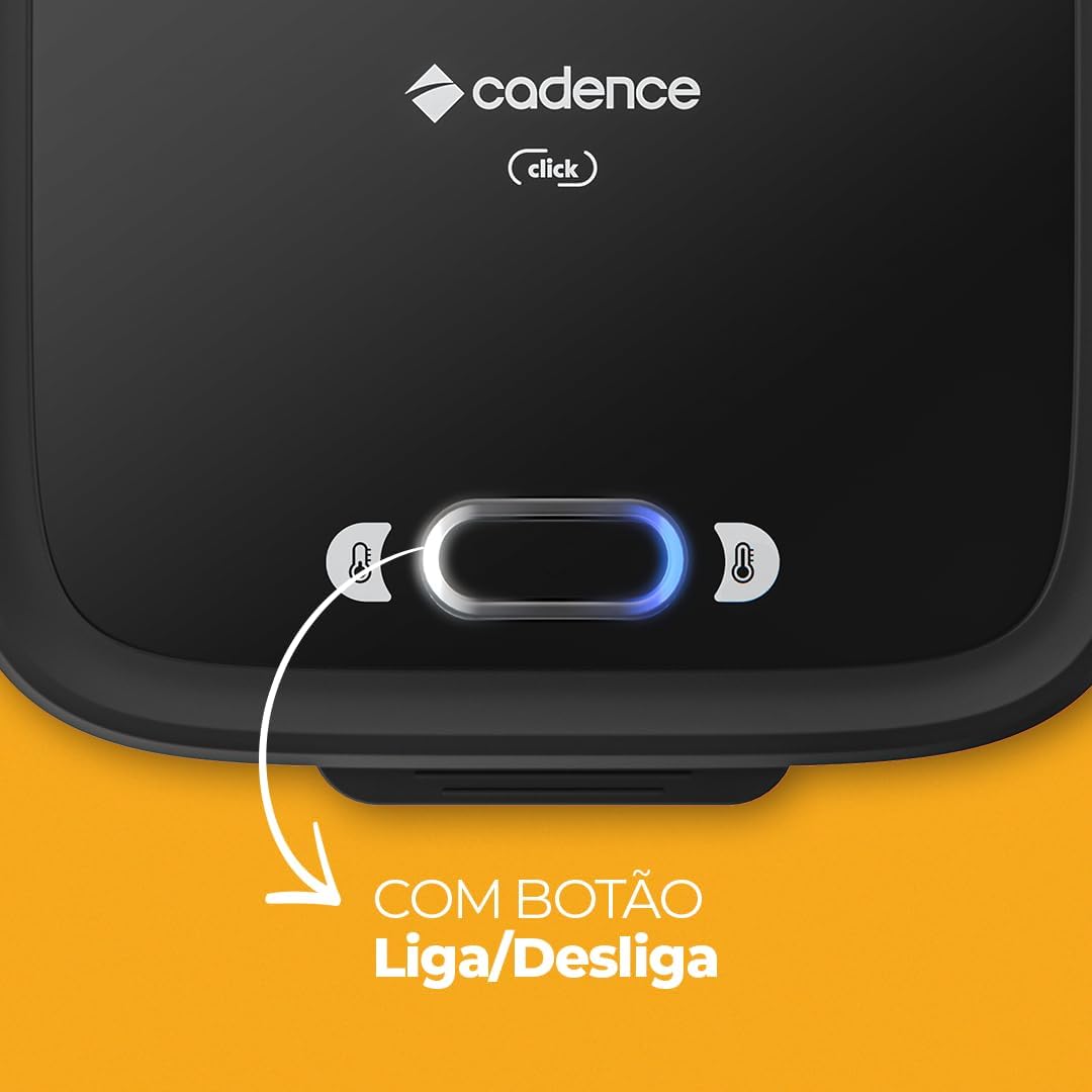Botão Liga/Desliga iluminado da Sanduicheira Cadence Click para uso fácil e seguro.