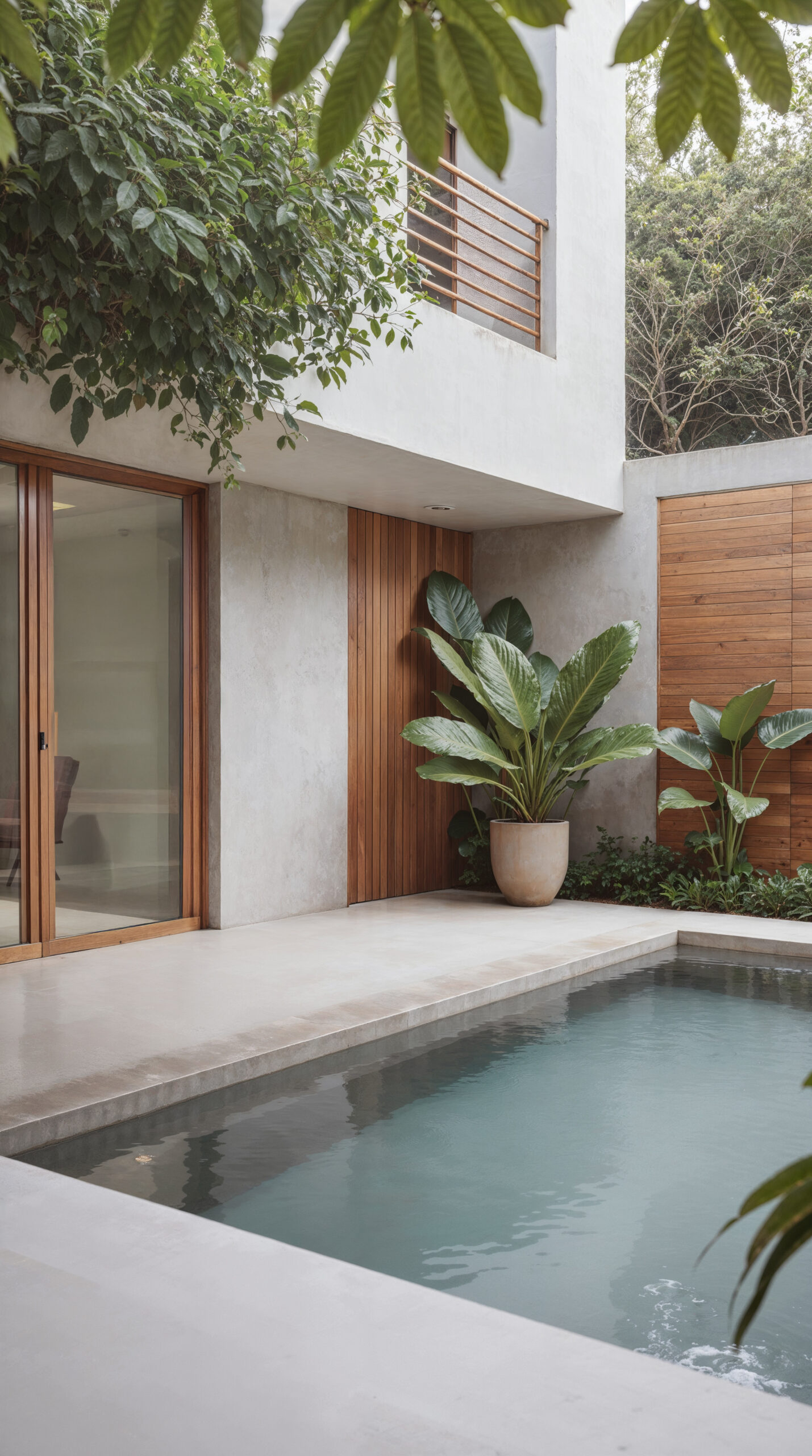 Casa minimalista com piscina e vegetação tropical ao redor