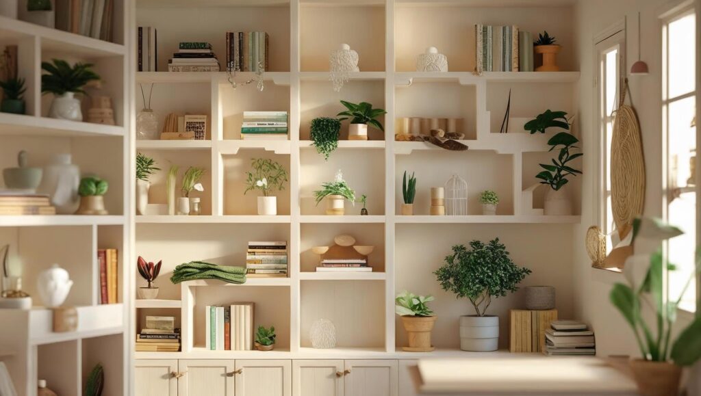 Nichos com plantas e livros decorando parede de espaço pequeno com funcionalidade e charme