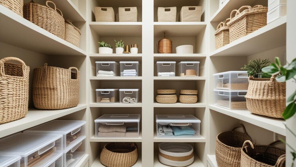 Organização de espaços pequenos com cestos e prateleiras para aumentar a funcionalidade da casa
