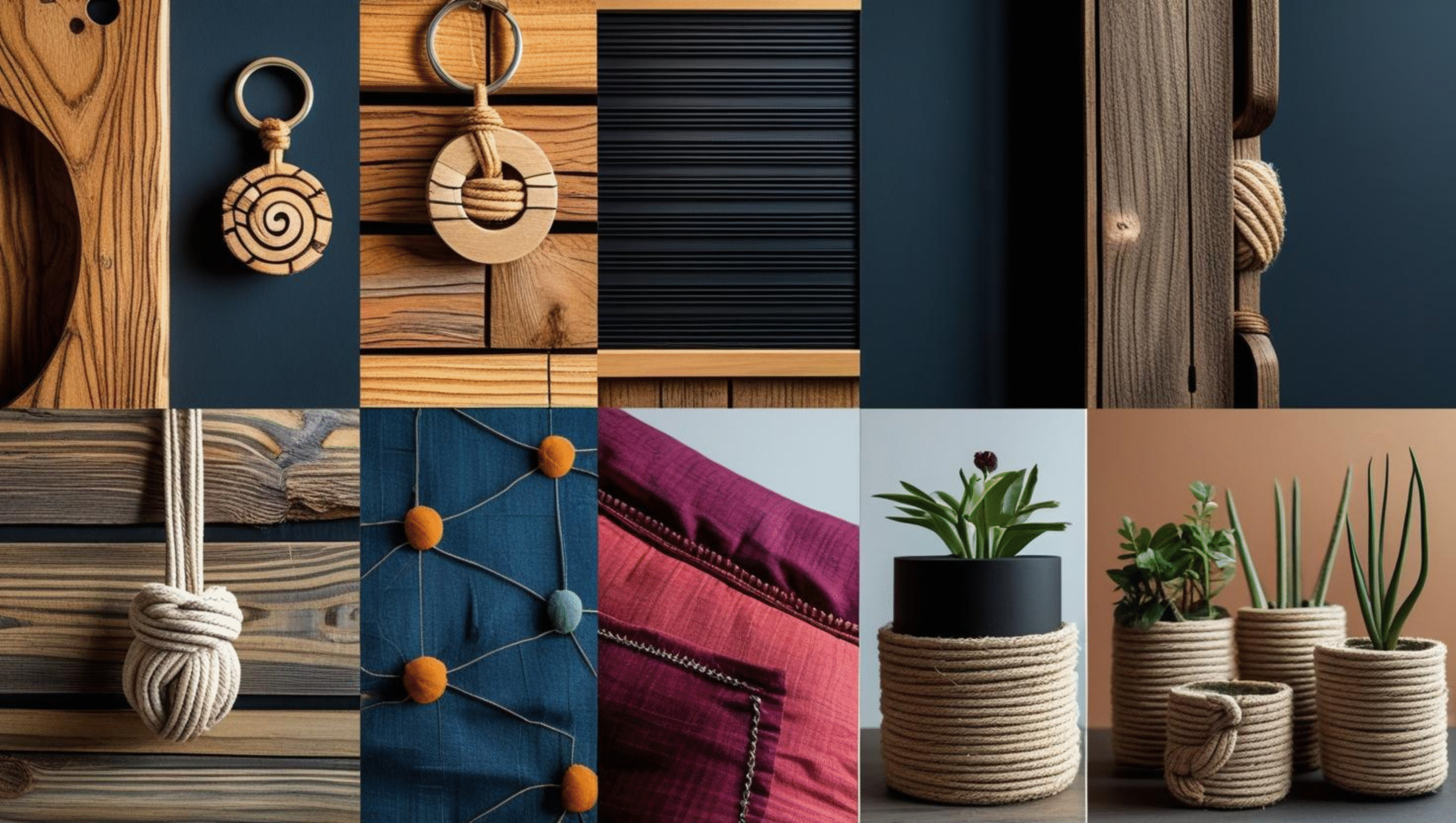 Itens de decoração DIY feitos com corda, madeira e tecido em projetos de decoração criativa e barata