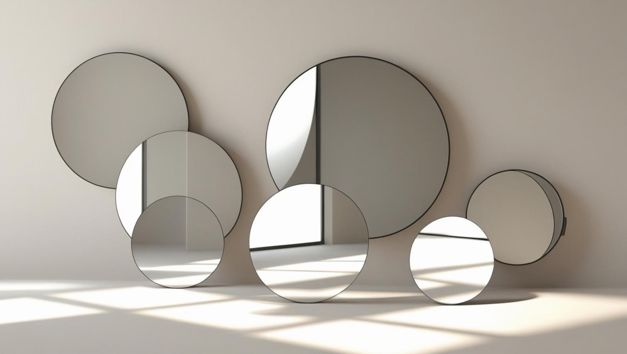 Conjunto de espelhos redondos em parede clara para ampliar espaço com decoração criativa e barata