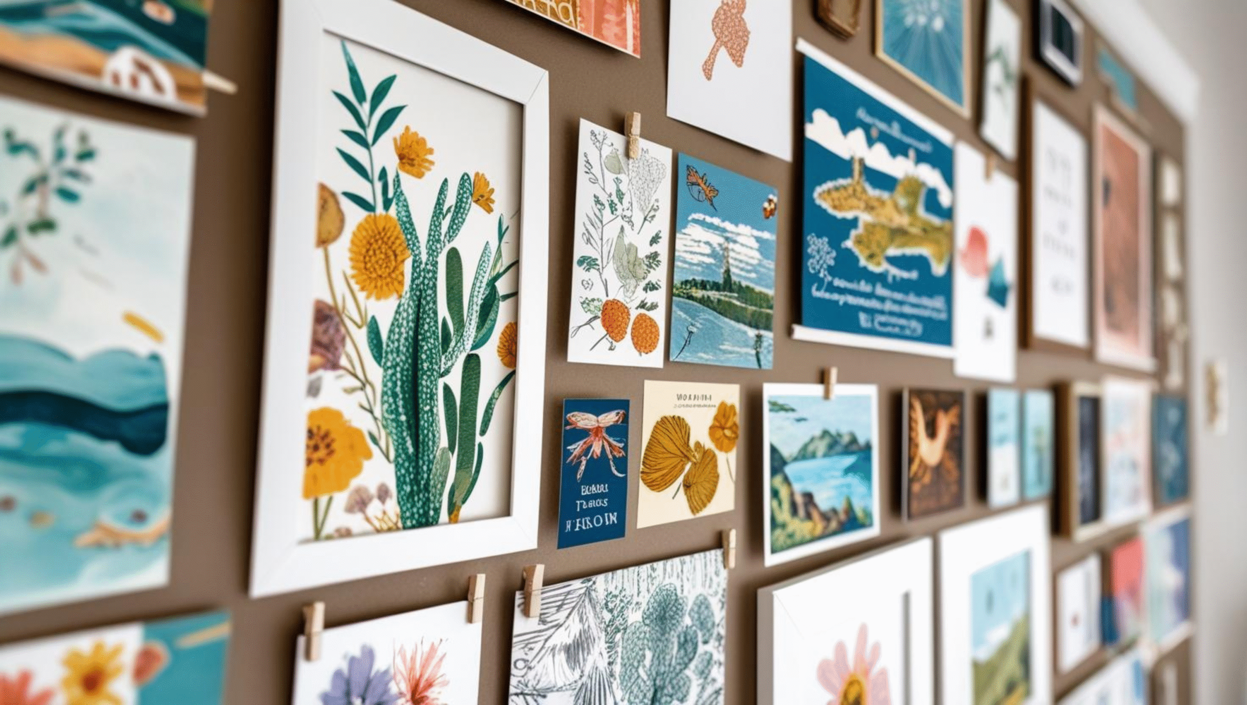Galeria de parede com quadros, cartões e ilustrações em decoração criativa e barata