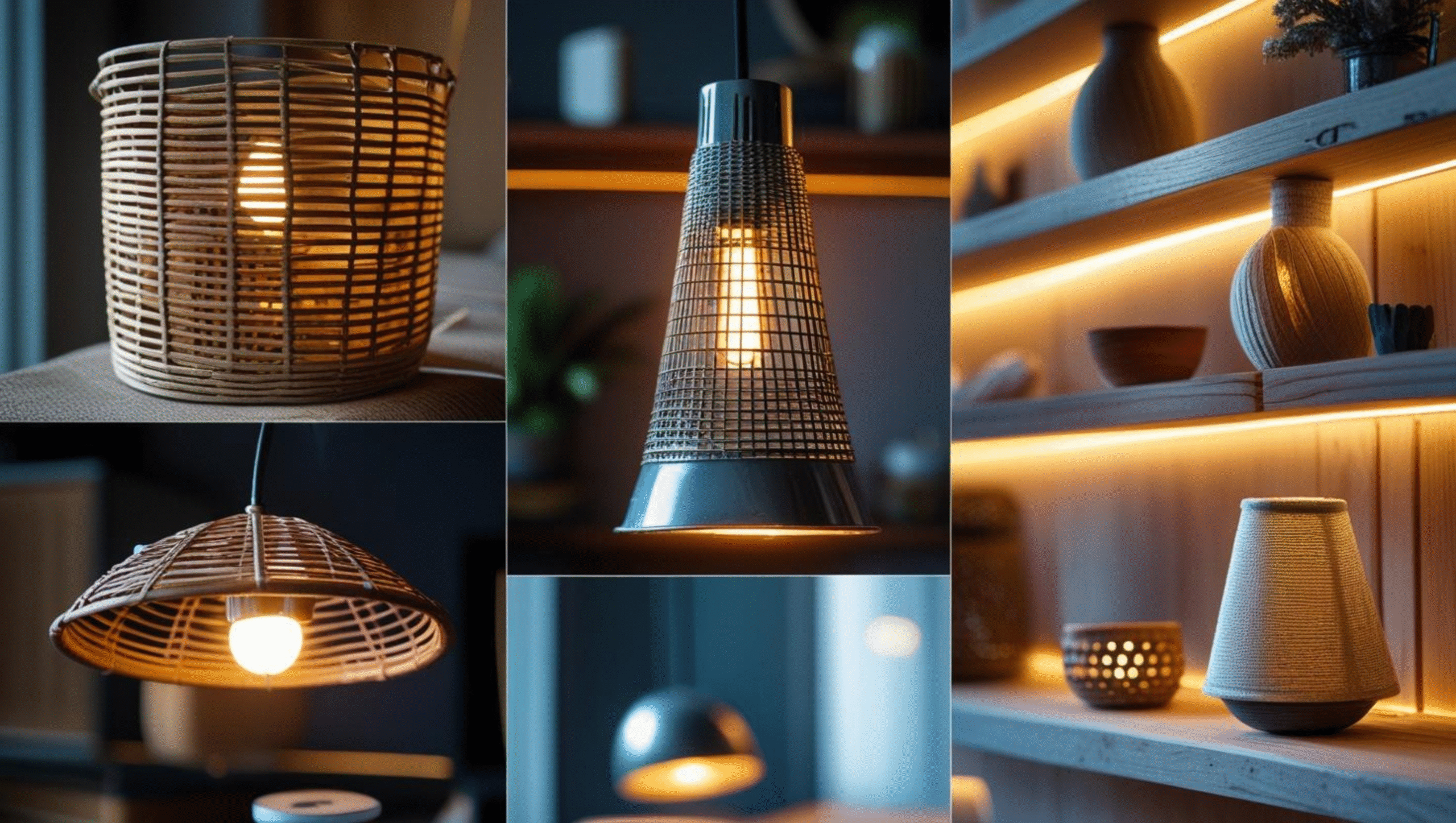 Luminárias artesanais feitas com cestos, metal e corda, representando soluções de iluminação criativa e barata