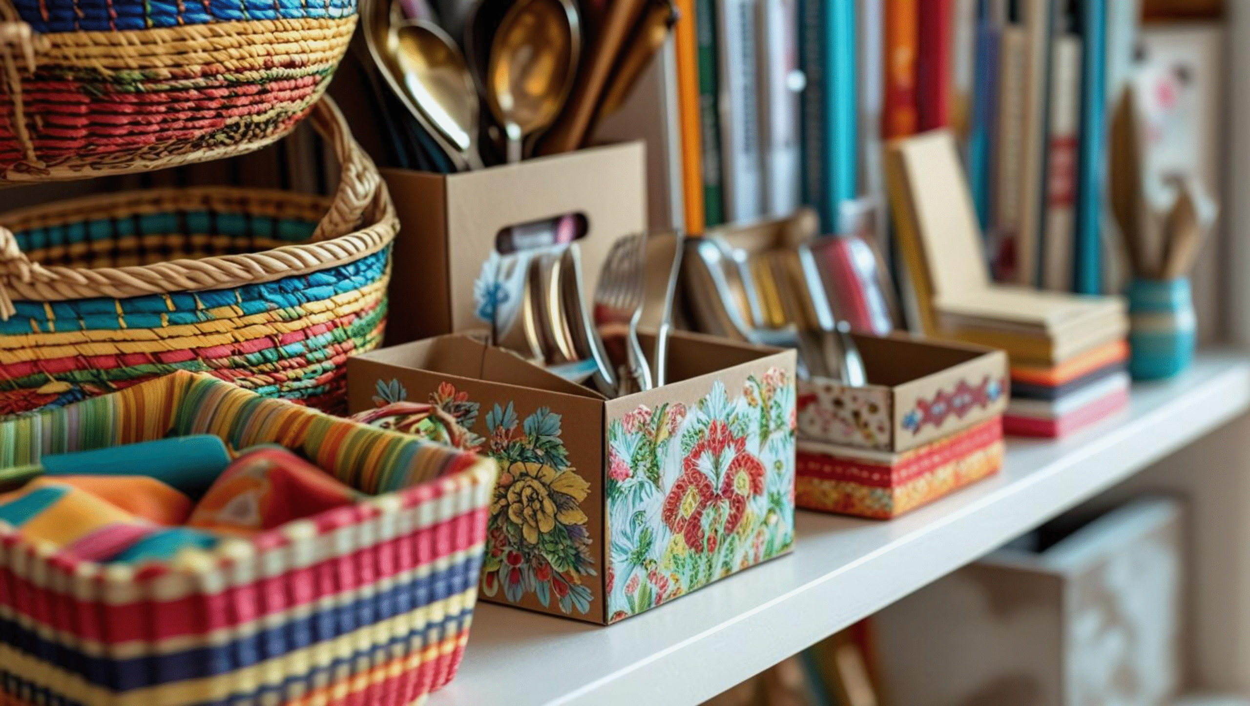 estos coloridos e caixas decoradas usadas na organização criativa e barata de utensílios e materiais