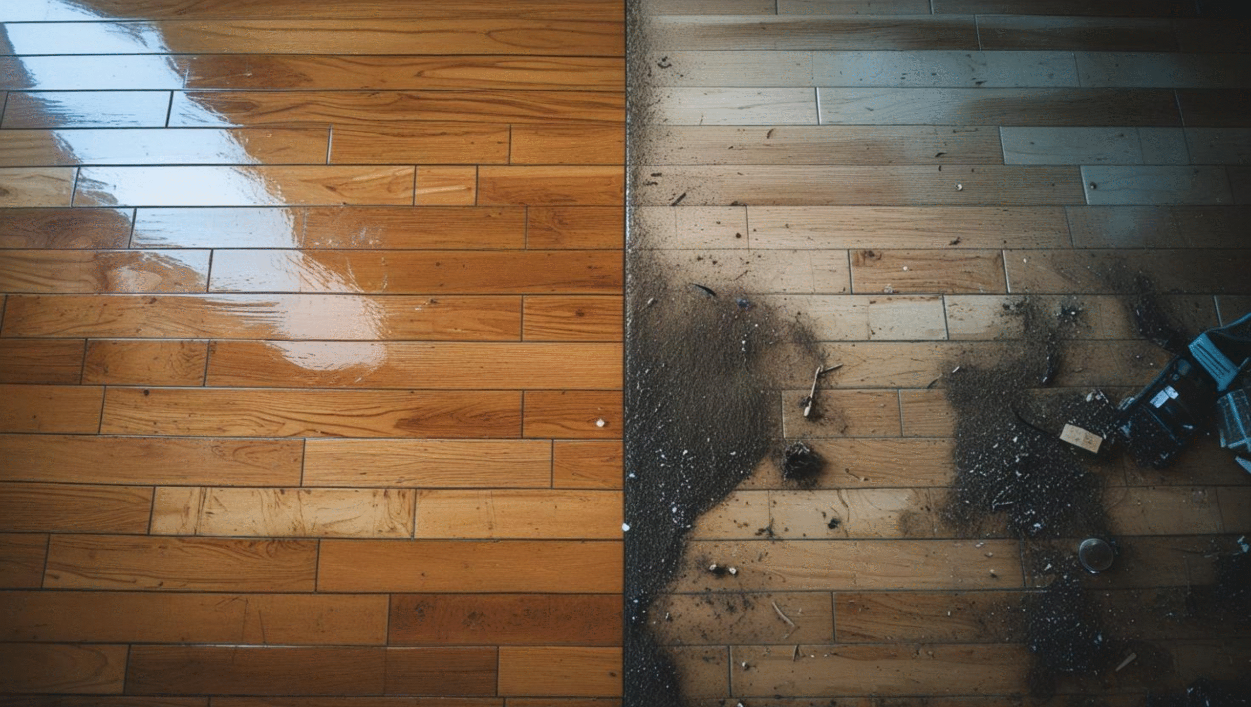 Comparativo de piso limpo e piso encardido antes e depois da limpeza