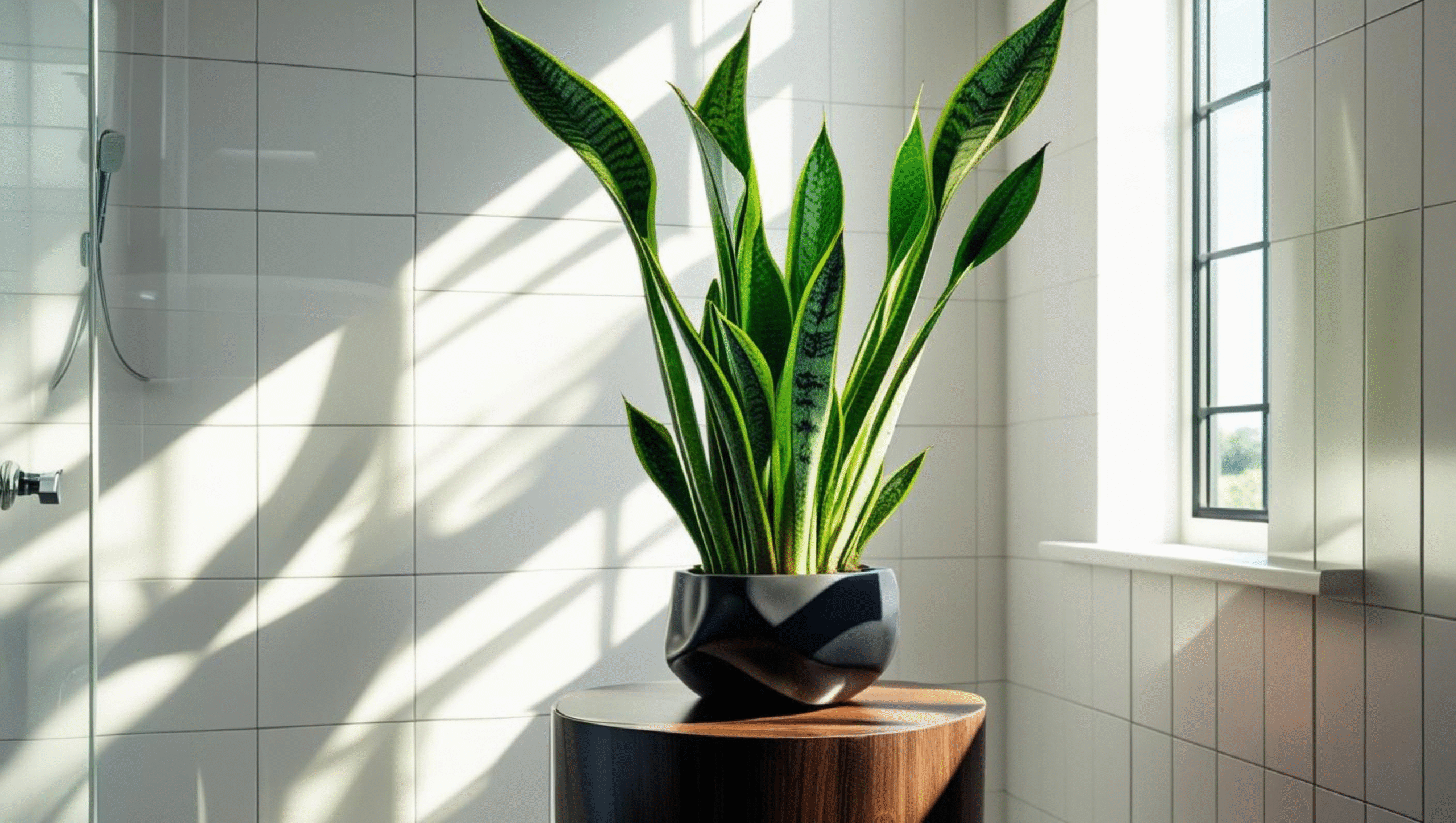 Planta espada-de-são-jorge decorando banheiro com iluminação natural