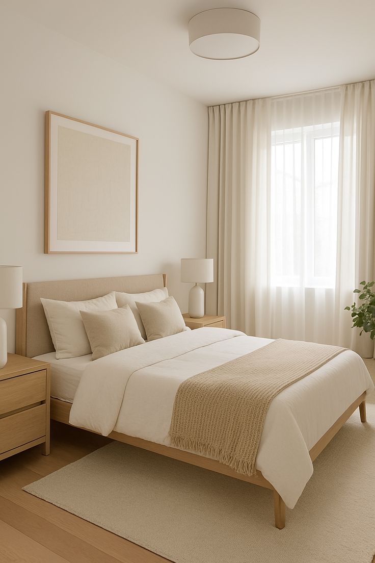 Quarto clean e elegante decorado com tons neutros, cama com roupa de cama branca, almofadas bege, iluminação natural e móveis de madeira clara