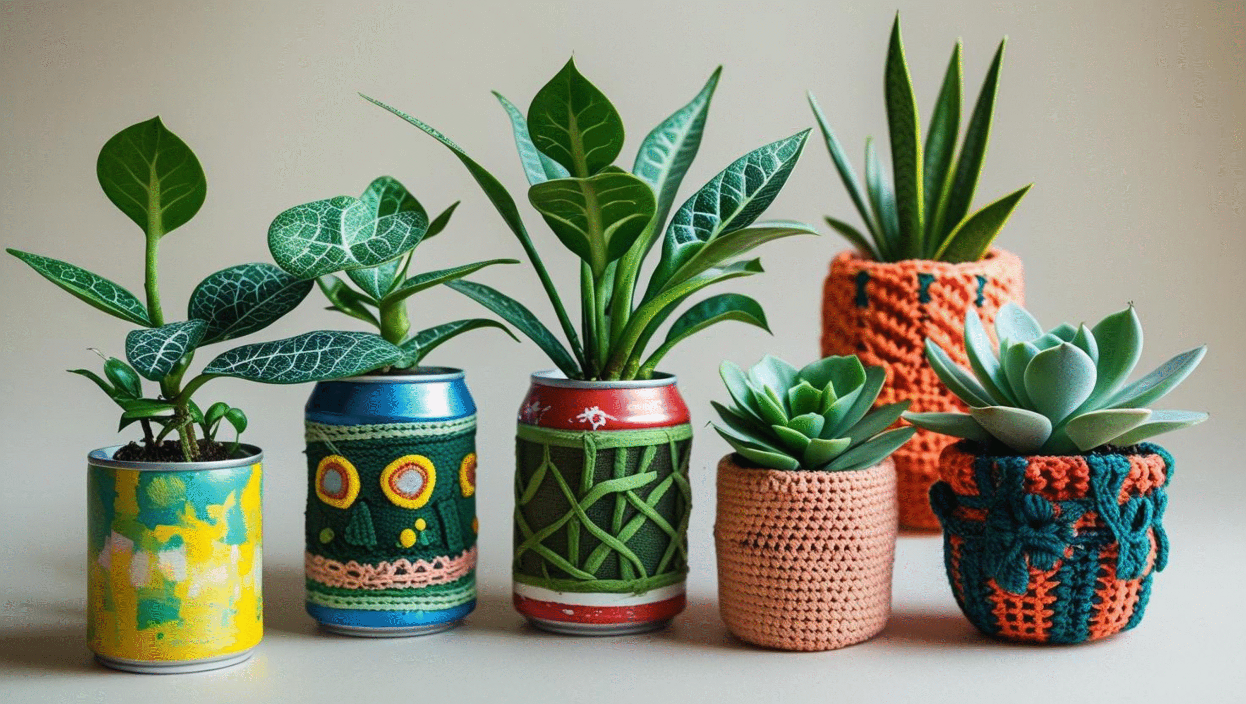 Vasos decorativos feitos com latas e crochê, usando reaproveitamento criativo em decoração barata